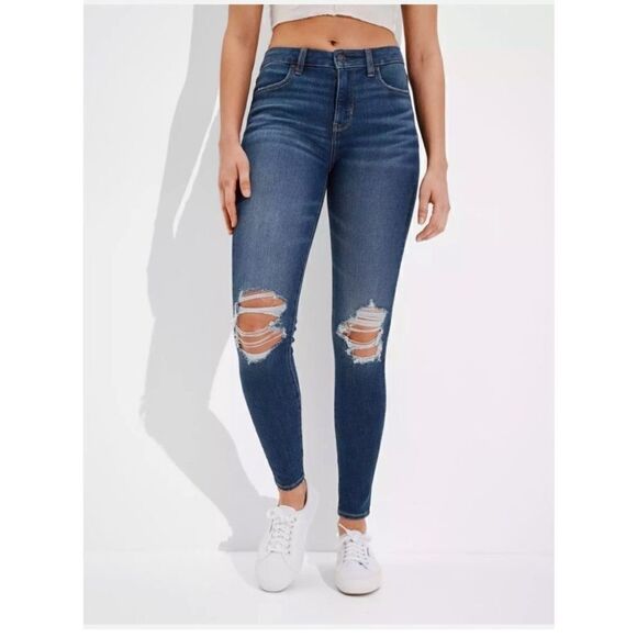 AMERICAN EAGLE NE(X)T LEVEL STRETCH SUPER HI-RISE DISTRESSED JEGGING SIZE 16 - Picture 1 of 12